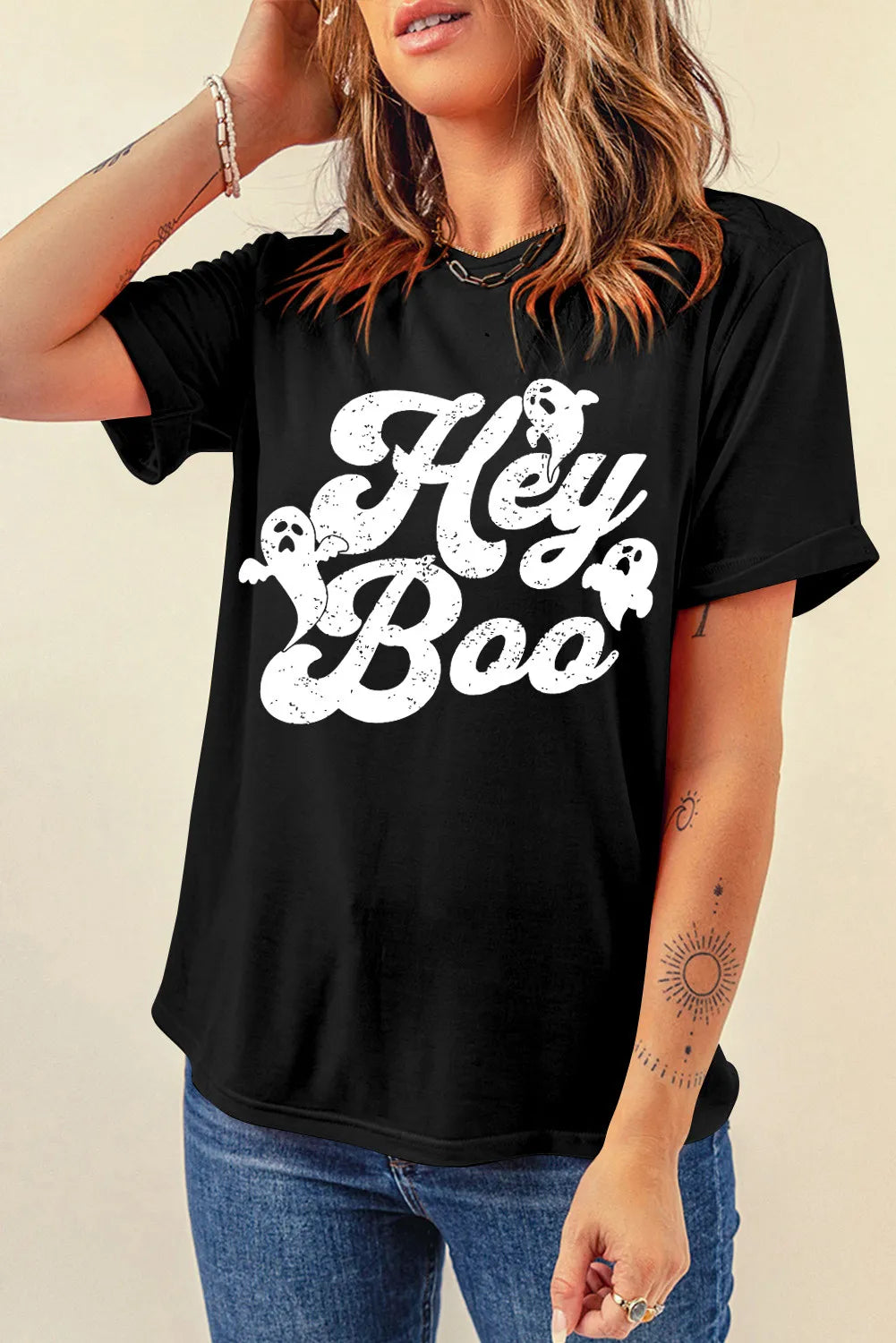 Hey Boo Halloween Graphic Round Neck Short Sleeve T-Shirt