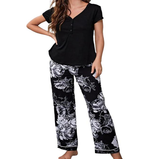 V-Neck Top & Floral Pants Pajama Set