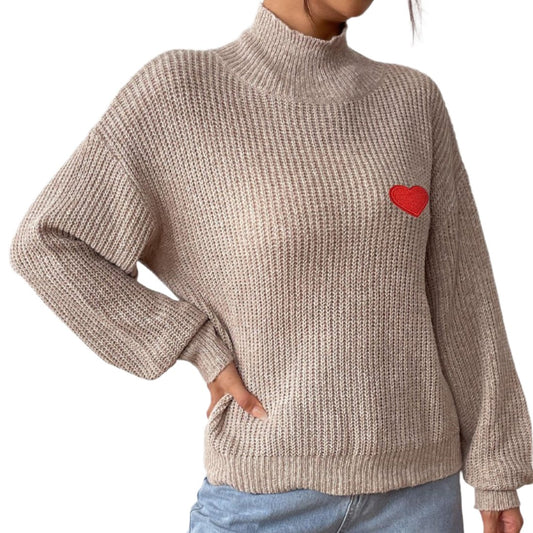 Heart Turtleneck Dropped Shoulder Sweater