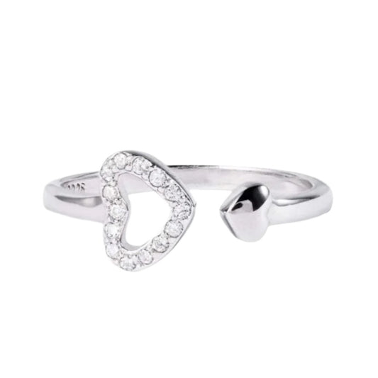 925 Sterling Silver Inlaid CZ Heart Open Ring