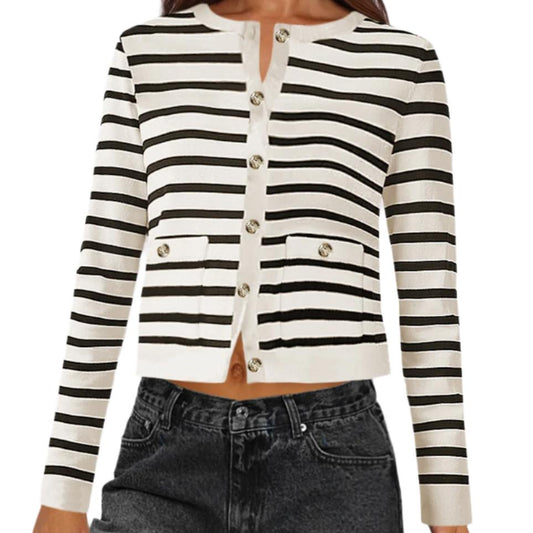 Striped Round Neck Button Up Cardigan