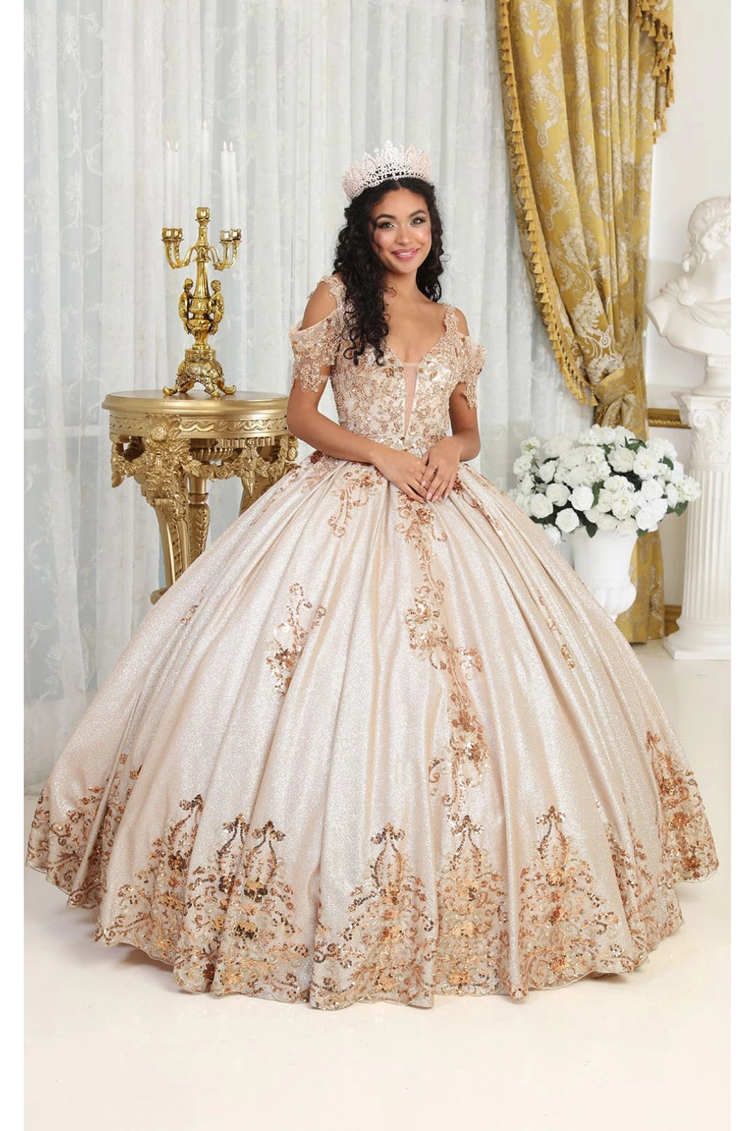 Embroidered Rose Gold Plunging Corset Ball Dress