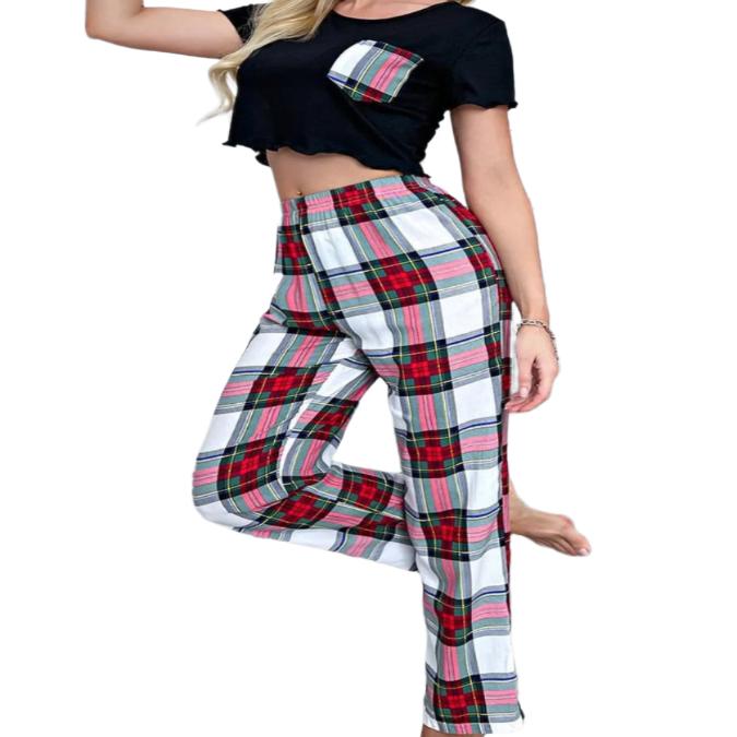 Lettuce Trim Cropped T-Shirt and Plaid Pants Pajama Set