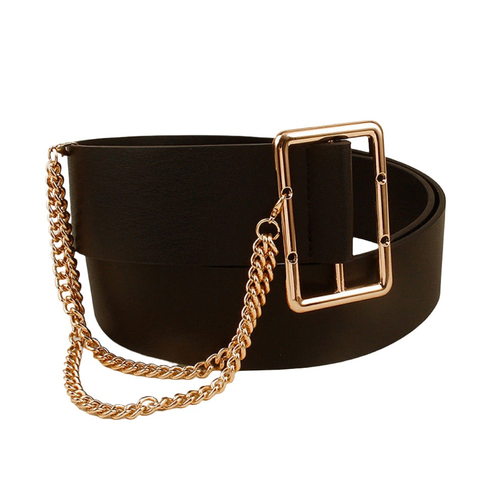 Vegan Leather Wide Belt with Chain