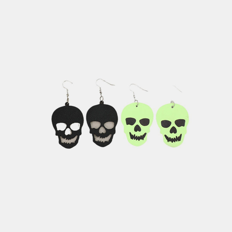 2 Piece Vegan Leather Skull Dangle Earrings