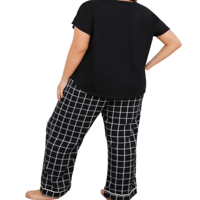 Plus Size V-Neck Top & Plaid Pants Pajama Set