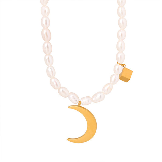 Freshwater Pearl Necklace with Gold Steel Crescent Moon Charm