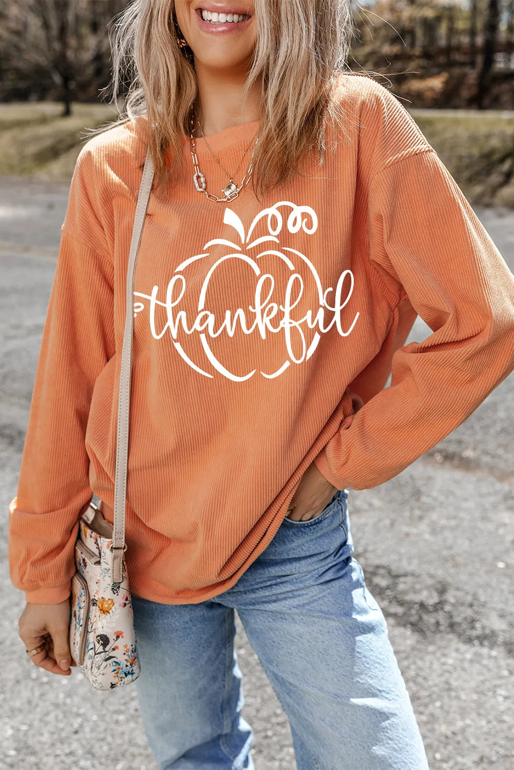 Thankful Pumpkin Graphic Round Neck Sweatshirt