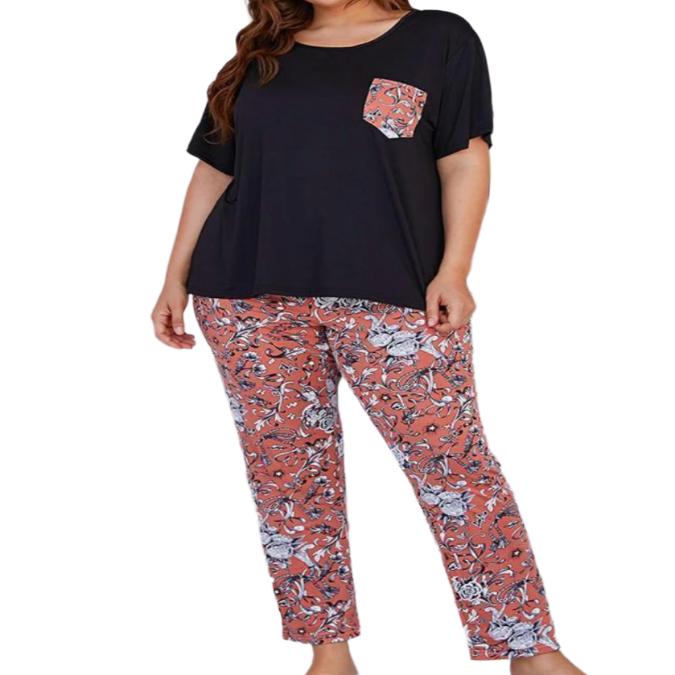 Plus Size Round Neck Tee & Floral Pants Pajama Set