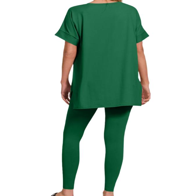 V-Neck Rolled Short Sleeve T-Shirt & Leggings Lounge Set