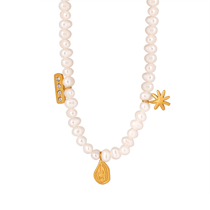 Gold Steel Charm Freshwater Pearl Necklace