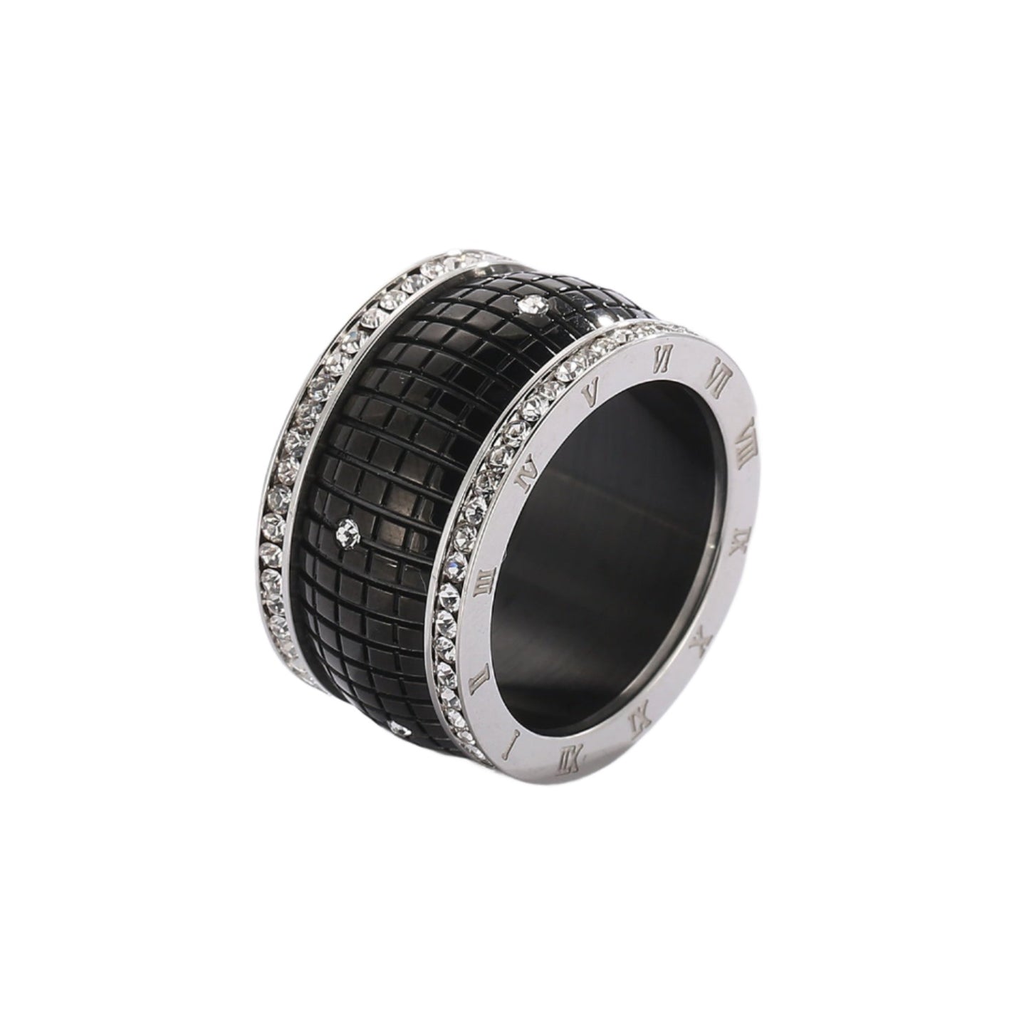 Dazzle Grid Rhinestone Embedded Stainless Steel Ring