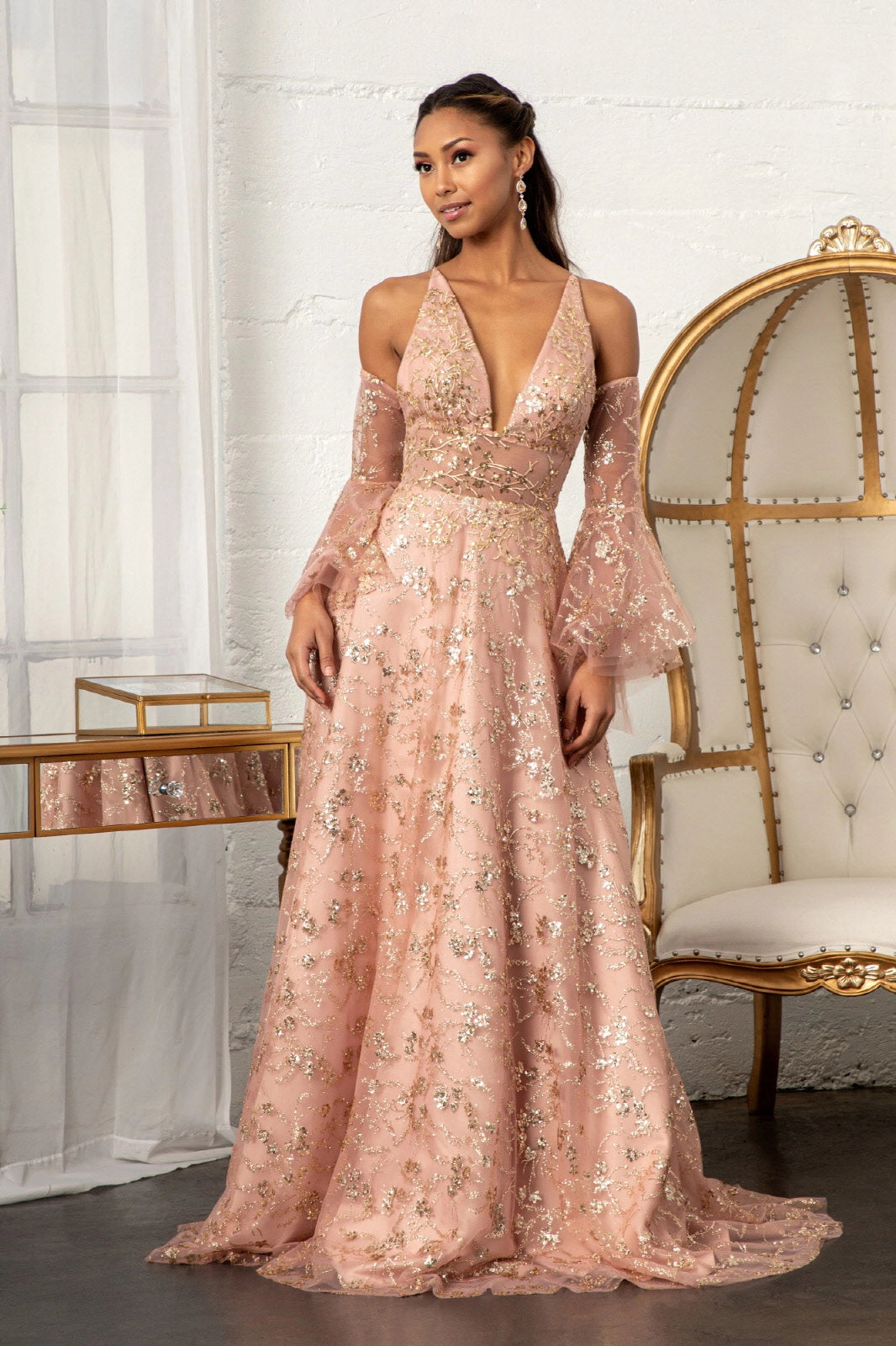 Detachable Long Sleeves Floral Formal Gown