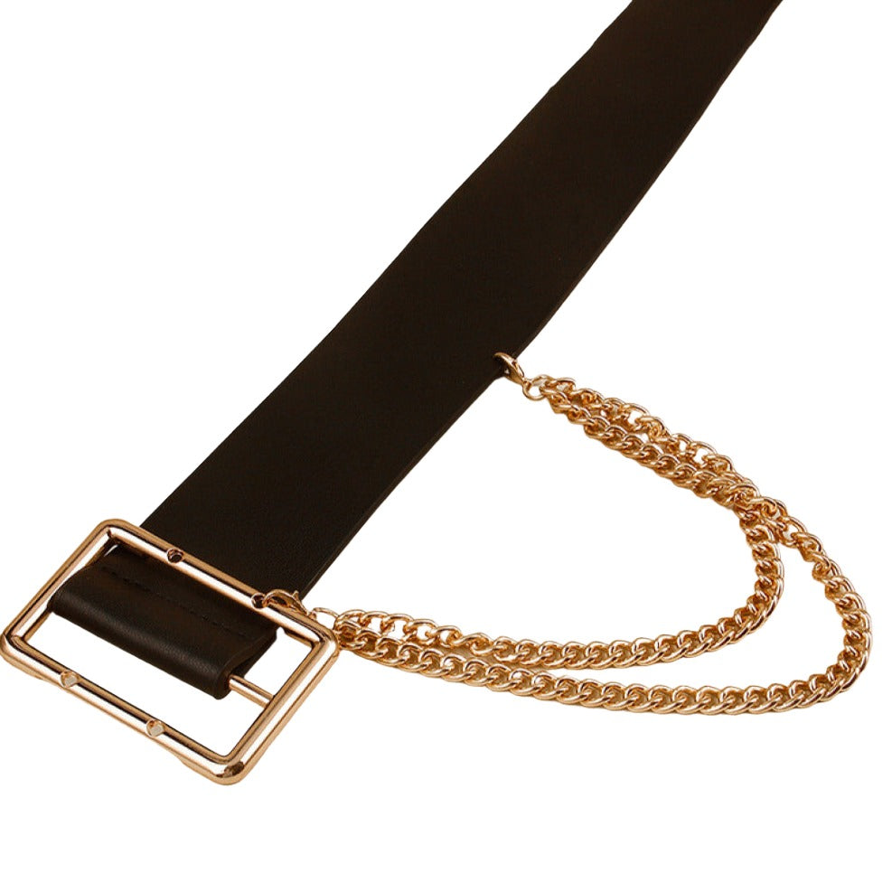 Vegan Leather Wide Belt with Chain