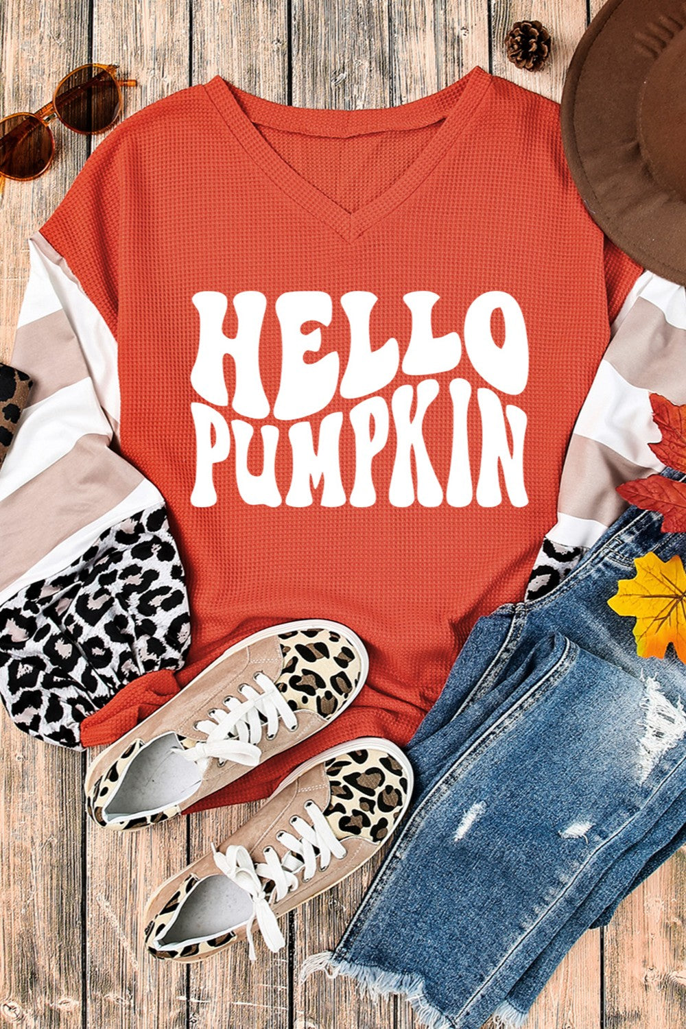 Hello Pumpkin Graphic V-Neck Long Sleeve Top