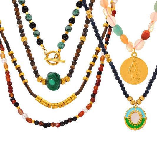 Gold Gemstone Beaded Charm Necklaces