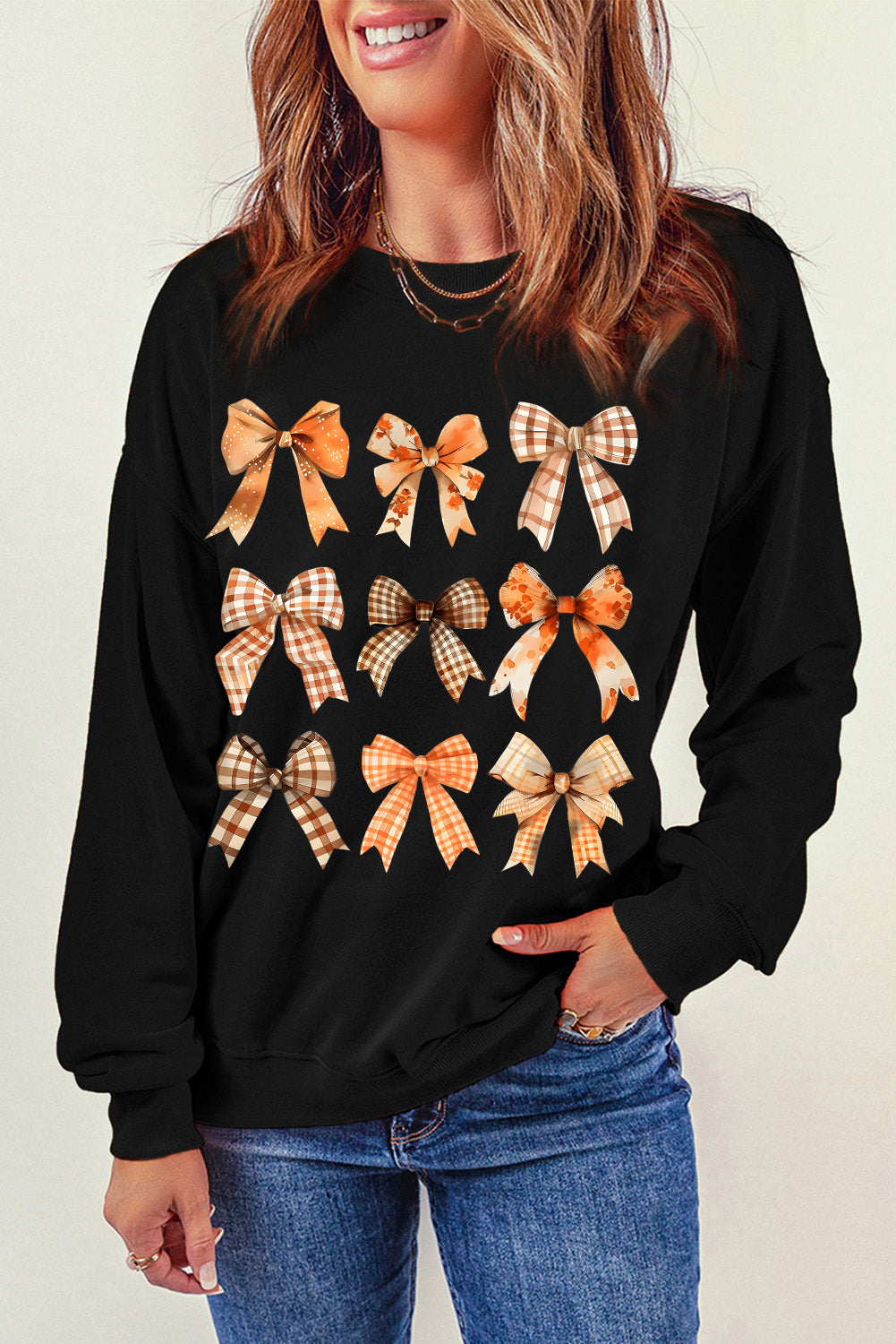 Bow Graphic Round Neck Sweatshirt