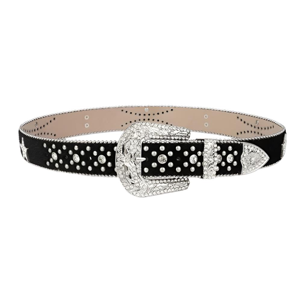 Black Vegan Leather Inlaid Rhinestone Belt