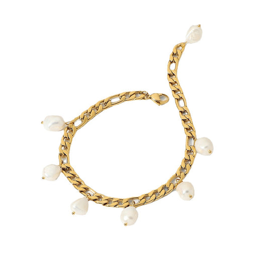 Gold Steel Freshwater Pearl Charm Anklet