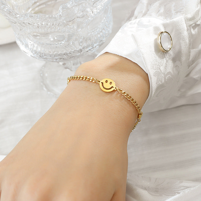 Gold Steel Smiley Face Charm Bracelet