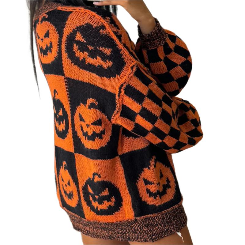 Exposed Seam Pumpkin Round Neck Sweater