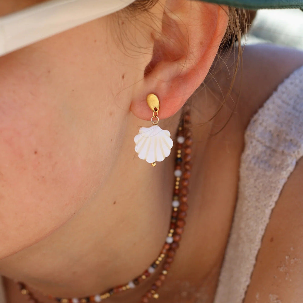 White Shell Gold Steel Dangle Earrings