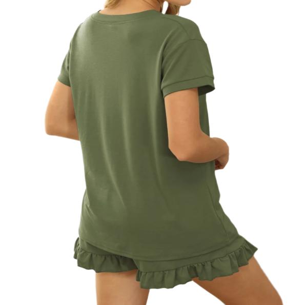 V-Neck Short Sleeve Top & Drawstring Shorts Pajama Set