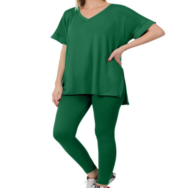 V-Neck Rolled Short Sleeve T-Shirt & Leggings Lounge Set