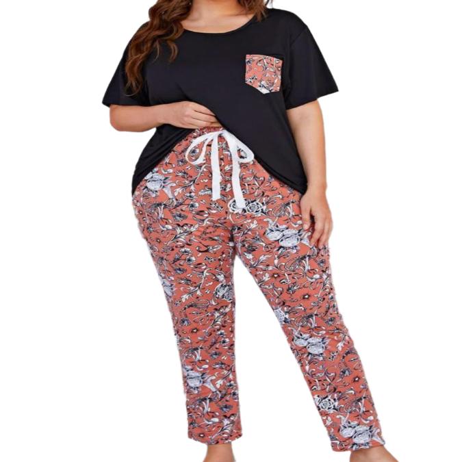 Plus Size Round Neck Tee & Floral Pants Pajama Set