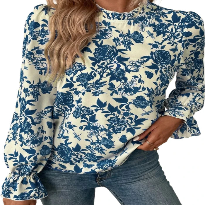 Floral Mock Neck Flounce Sleeve Blouse