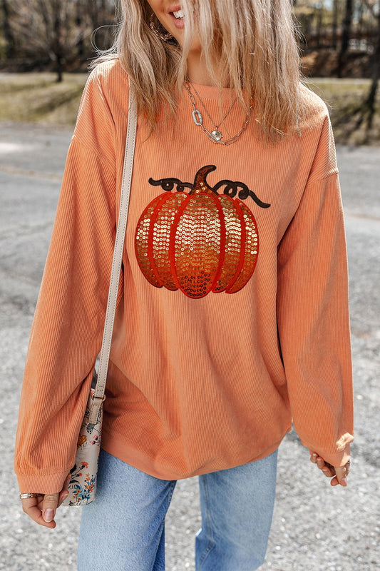 Sequin Pumpkin Round Neck Sweatshirt