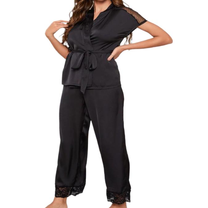 Surplice Neck Tie Waist Top & Pants Pajama Set