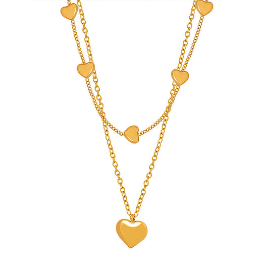 Gold Steel Heart Layered Charm Necklace