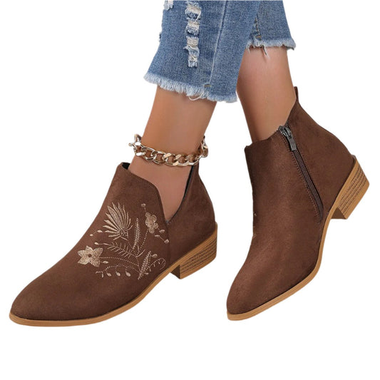 Embroidered Suede Point Toe Block Heel Boots