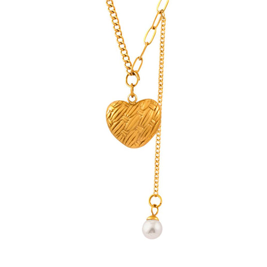 Gold Steel Pearl & Heart Lariat Necklace