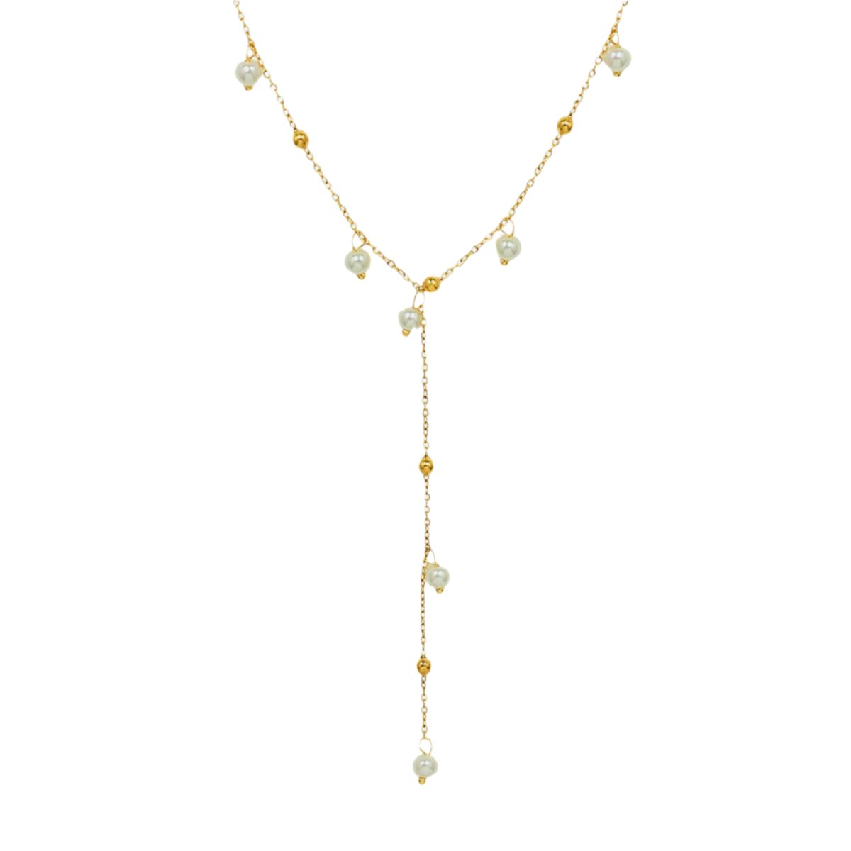 Gold Steel Pearl Lariat Necklace