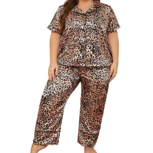 Plus Size Leopard Short Sleeve Top & Pants Sleep Set