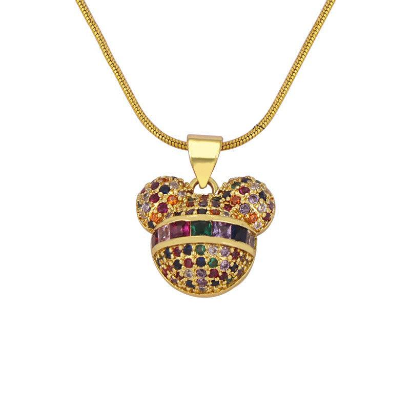 Gold Steel Mouse CZ Pave Charm Necklace