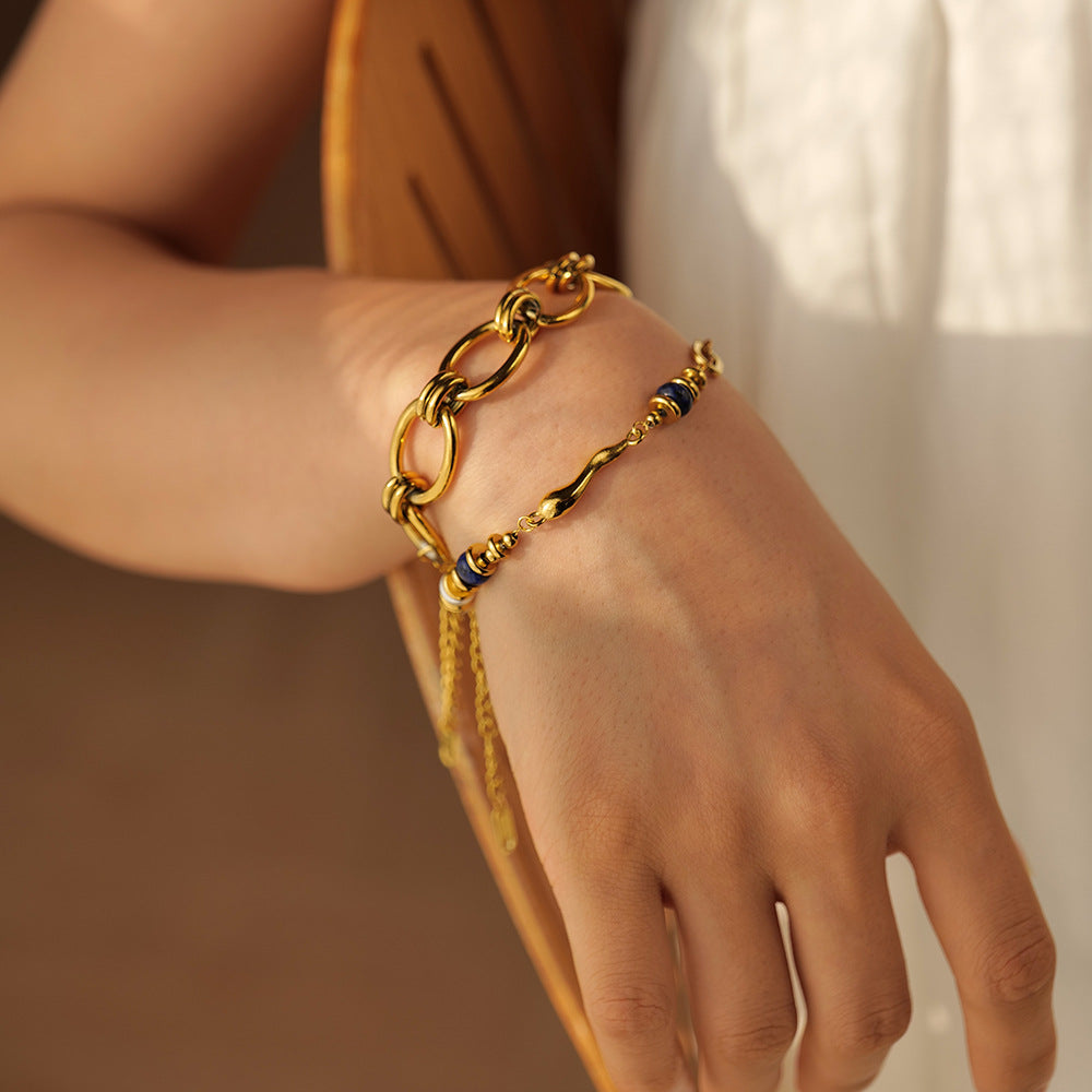 Gold Steel Gemstone Beaded Bracelet