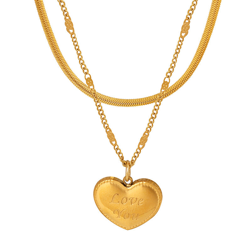 Love You Heart Gold Steel Charm Necklace