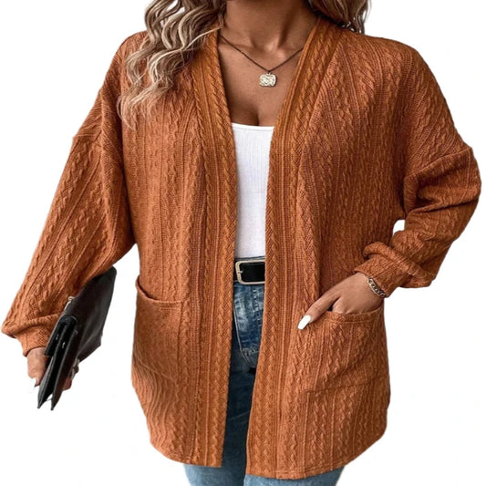 Textured Pocketed Open Front Cardigan