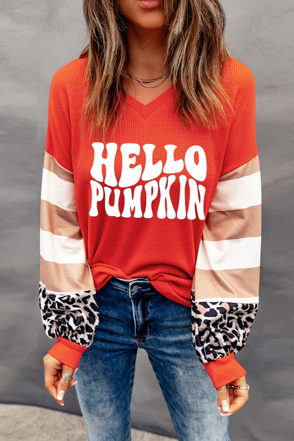 Hello Pumpkin Graphic V-Neck Long Sleeve Top