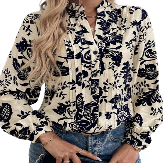 Printed Notched Long Sleeve Shirt