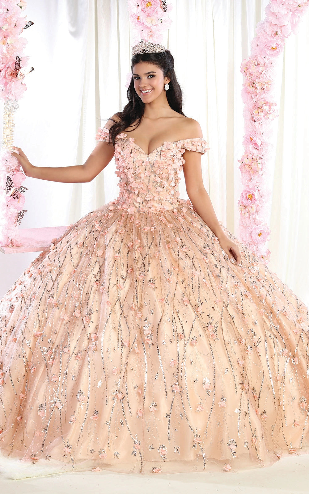 Glitter Off Shoulder Plus Size Floral Ball Gown