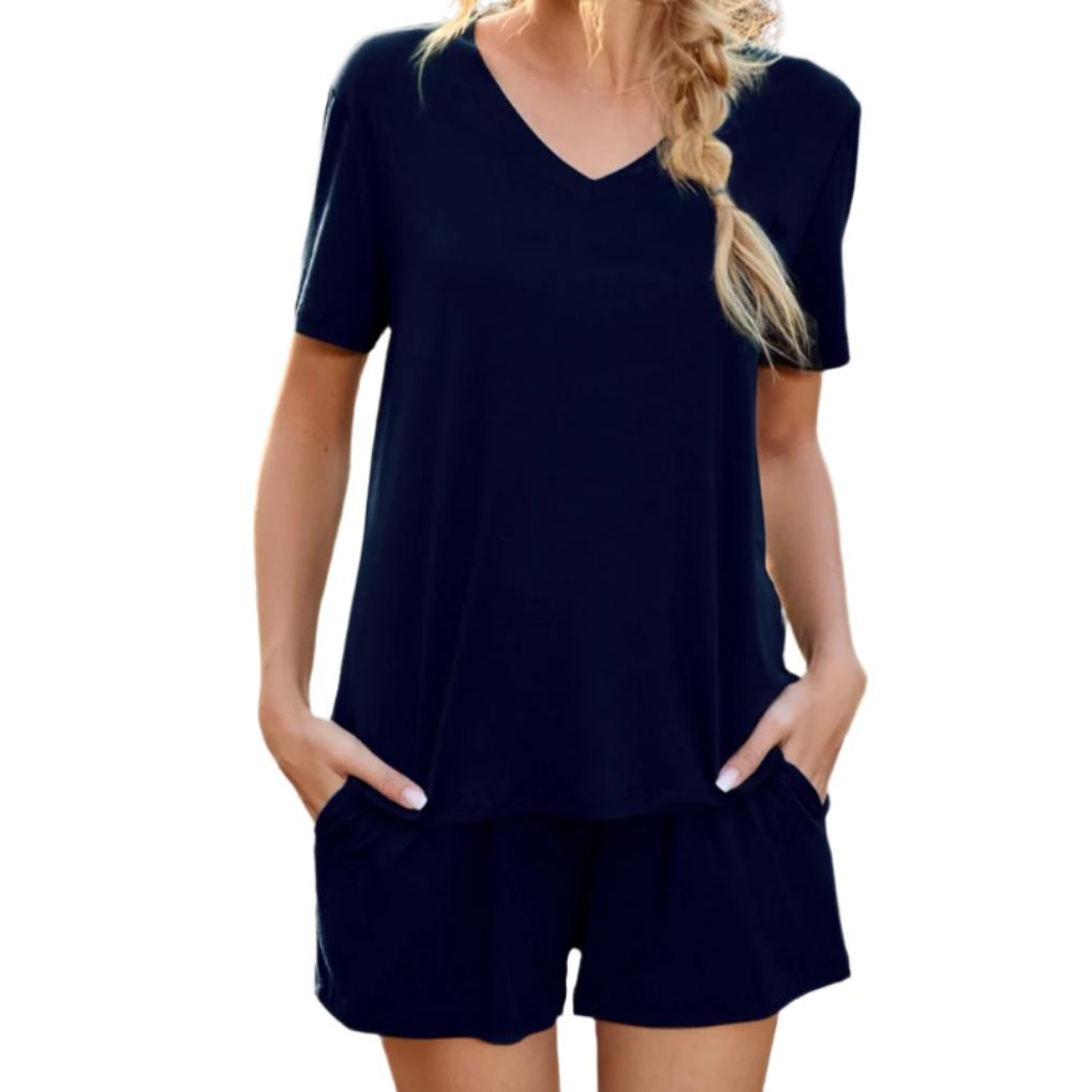 V-Neck Short Sleeve Top & Pocketed Shorts Pajama Set