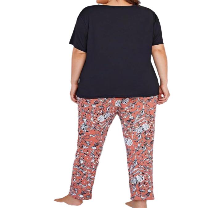 Plus Size Round Neck Tee & Floral Pants Pajama Set