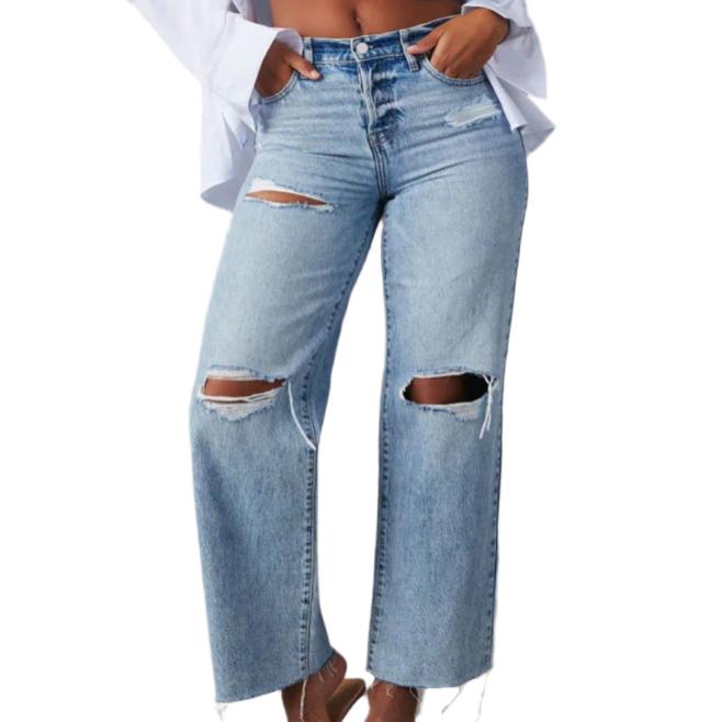 Distressed Straight Leg Jeans with Pockets