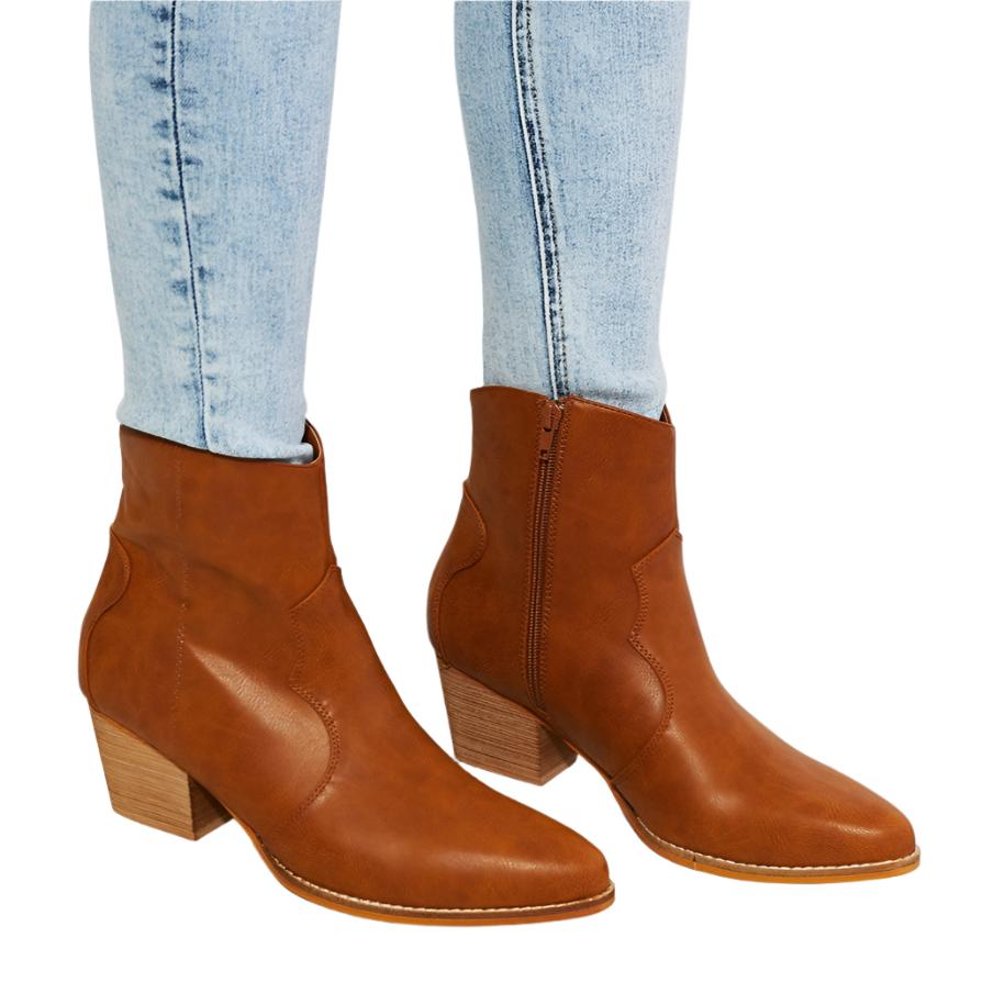 Faux Leather Western Ankle Boots in Ochre