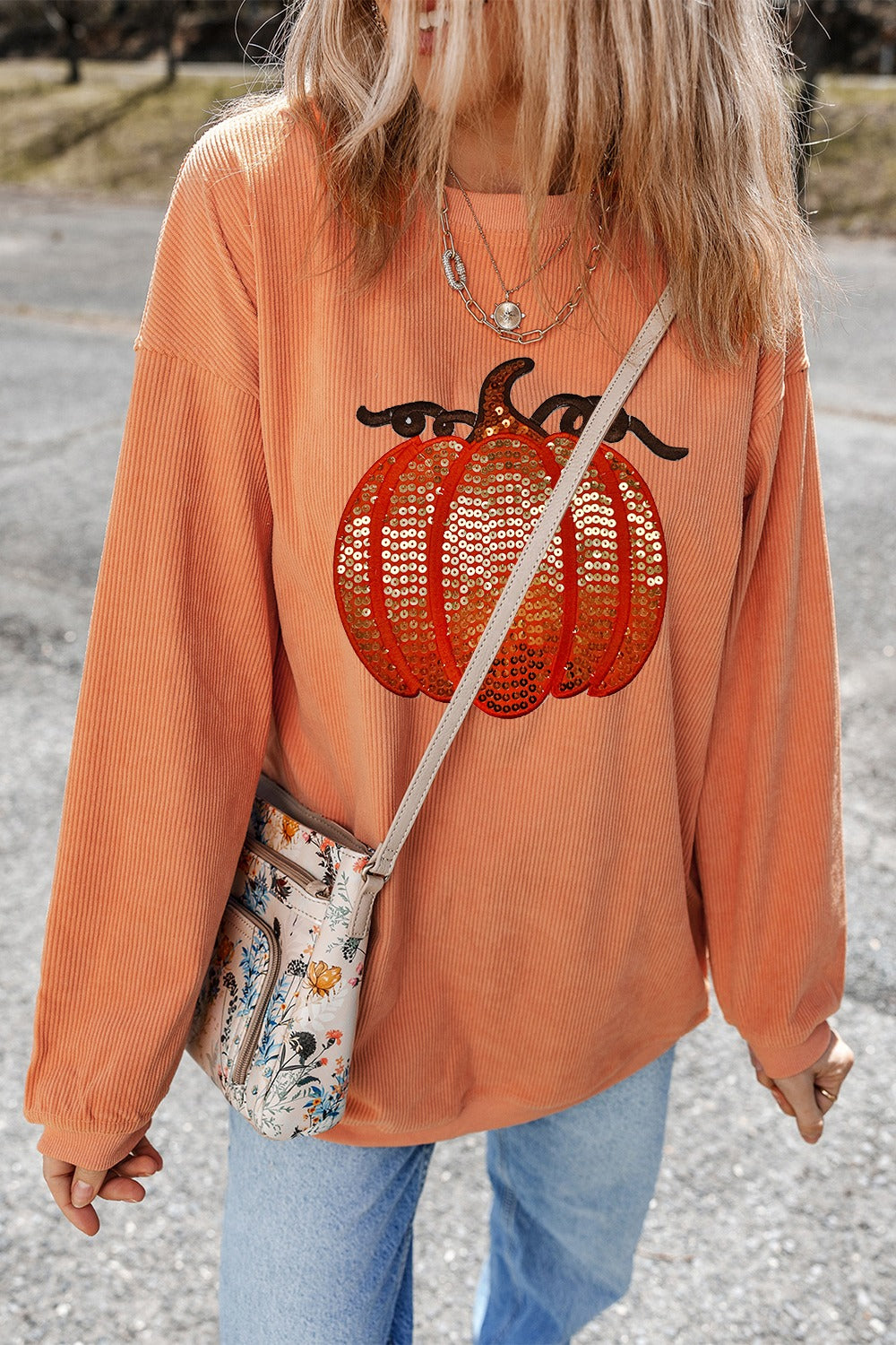 Sequin Pumpkin Round Neck Sweatshirt