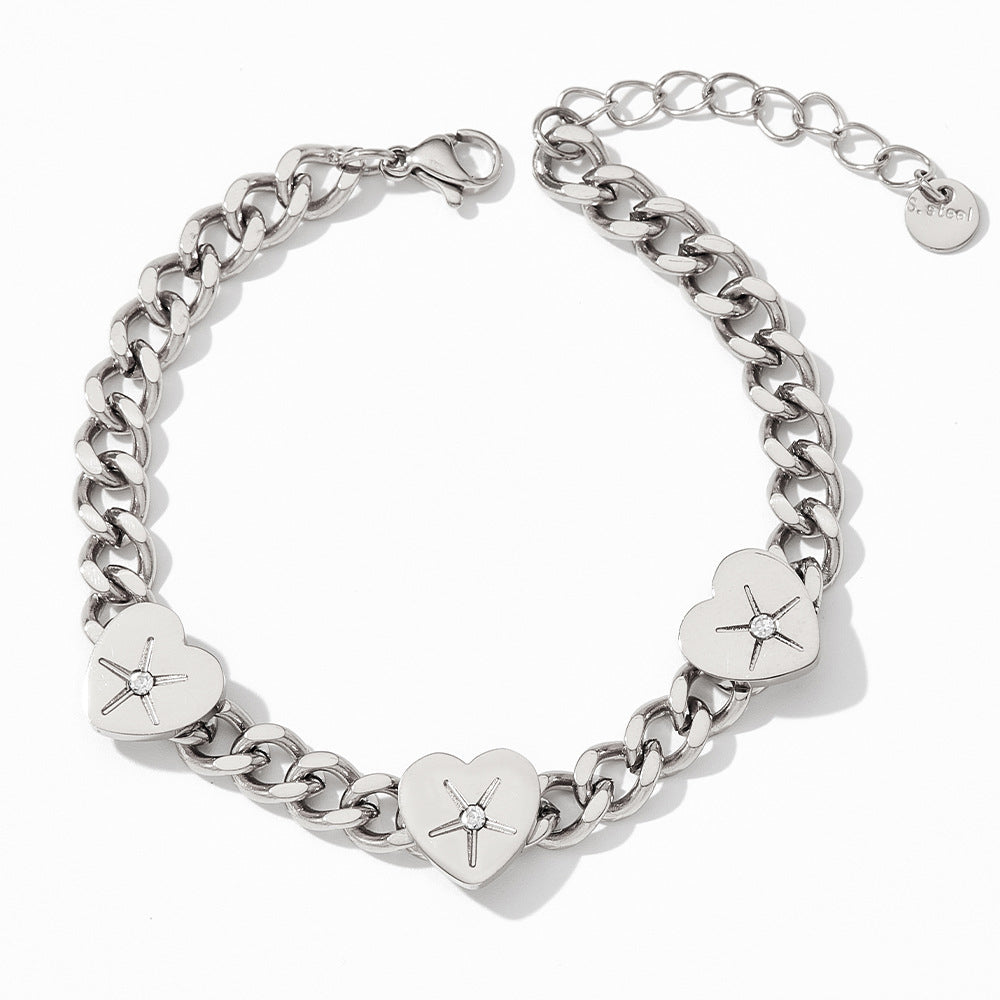 Gold or Silver Steel Heart Charm Bracelet with CZ Accents